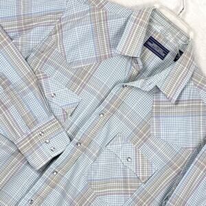VTG Mervyns Mens Collection Western Pearl Snap Shirt L Blue Plaid 90s Cowboy